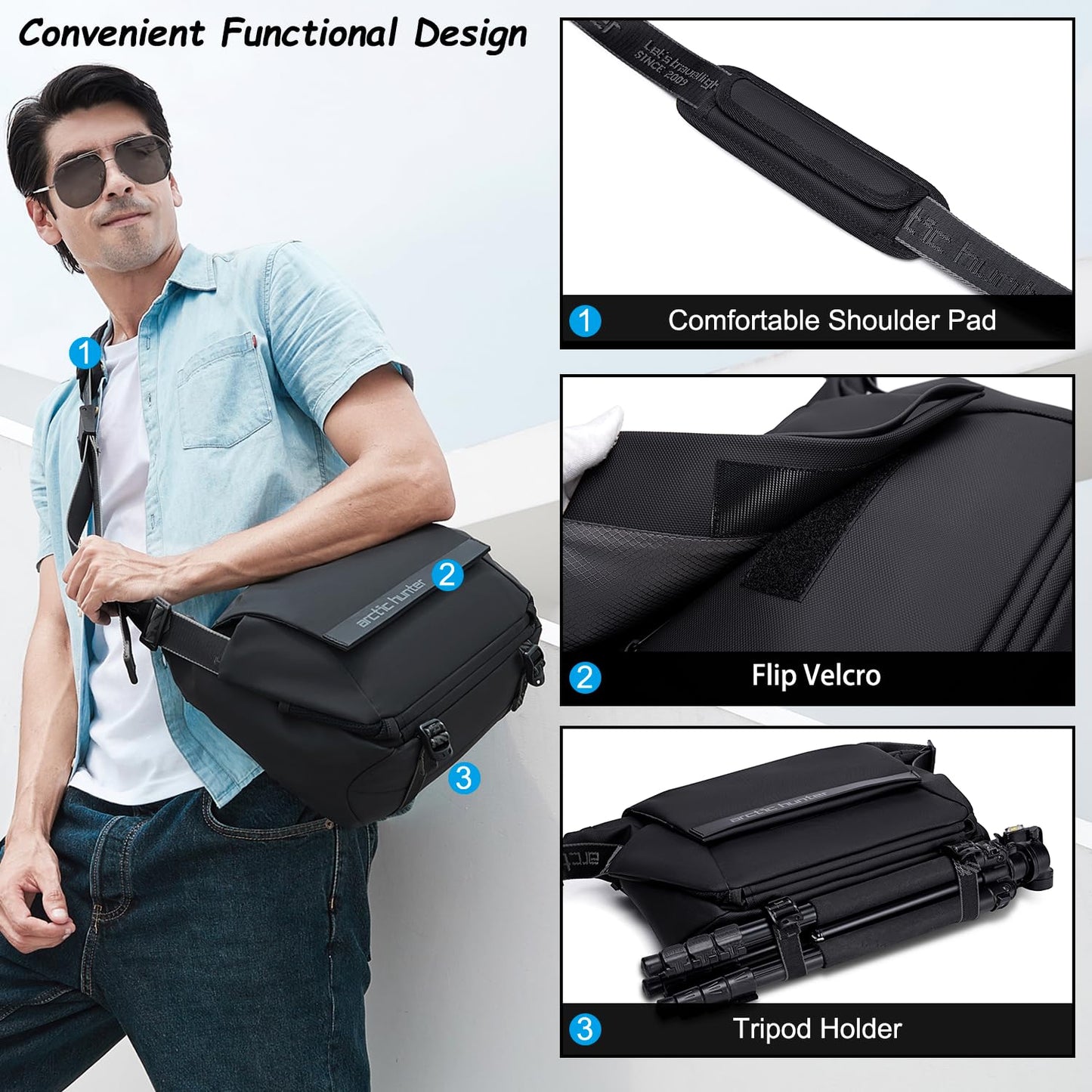 Arctic Hunter Large Sling Bag for Men Crossbody 13L Big Side Bag for 10.9" iPad Pocket with Padded Shoulder Strap Water Resistant Messenger Bag Shoulder Bag for Travel Office College, Black