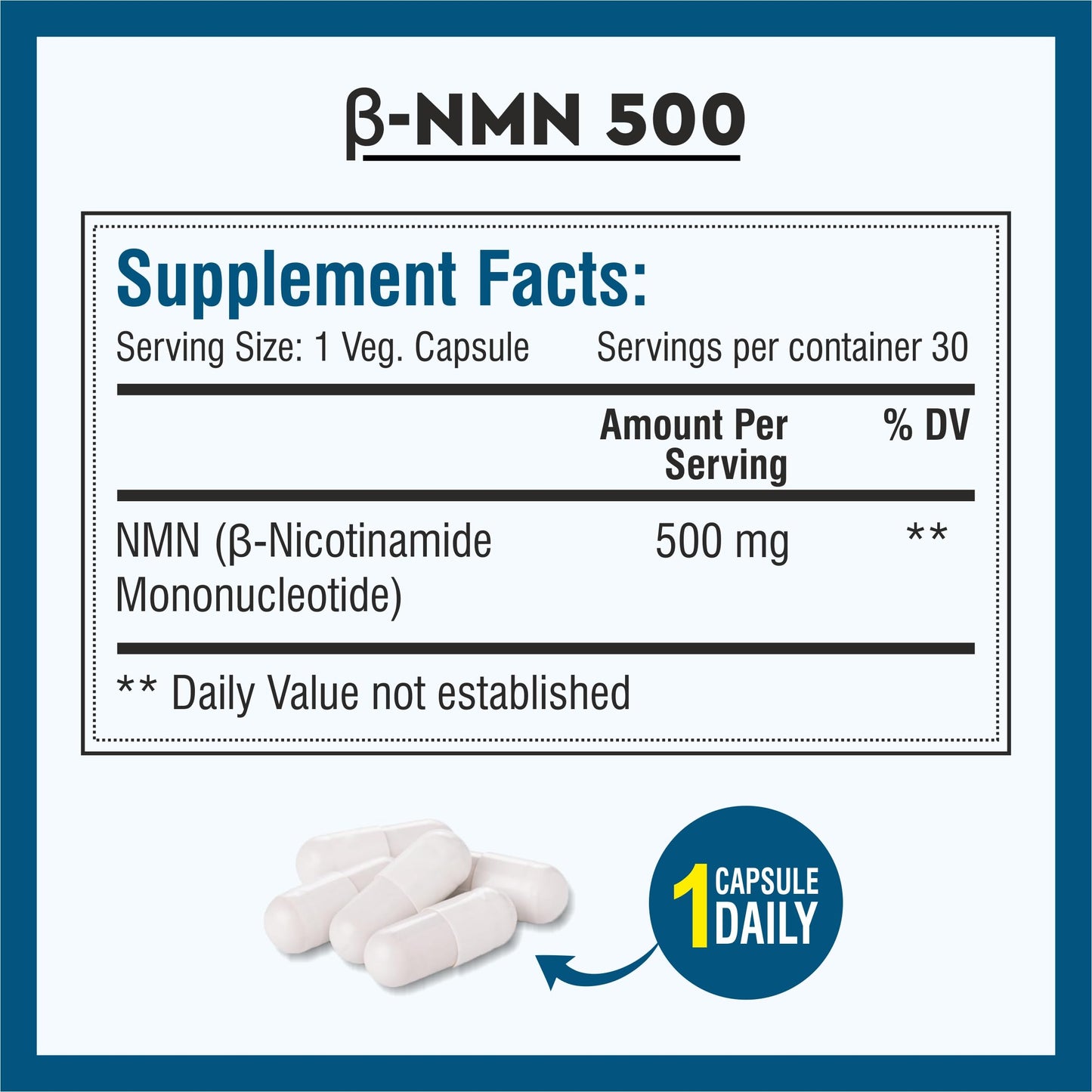 Biotrex Nutraceuticals NMN 500 Supplement, 99% High Purity, NAD Booster, Healthy Energy Levels & Skin Health - 30 Vegetarian Capsules