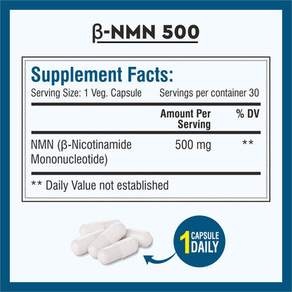 Biotrex Nutraceuticals NMN 500 Supplement, 99% High Purity, NAD Booster, Healthy Energy Levels & Skin Health - 30 Vegetarian Capsules