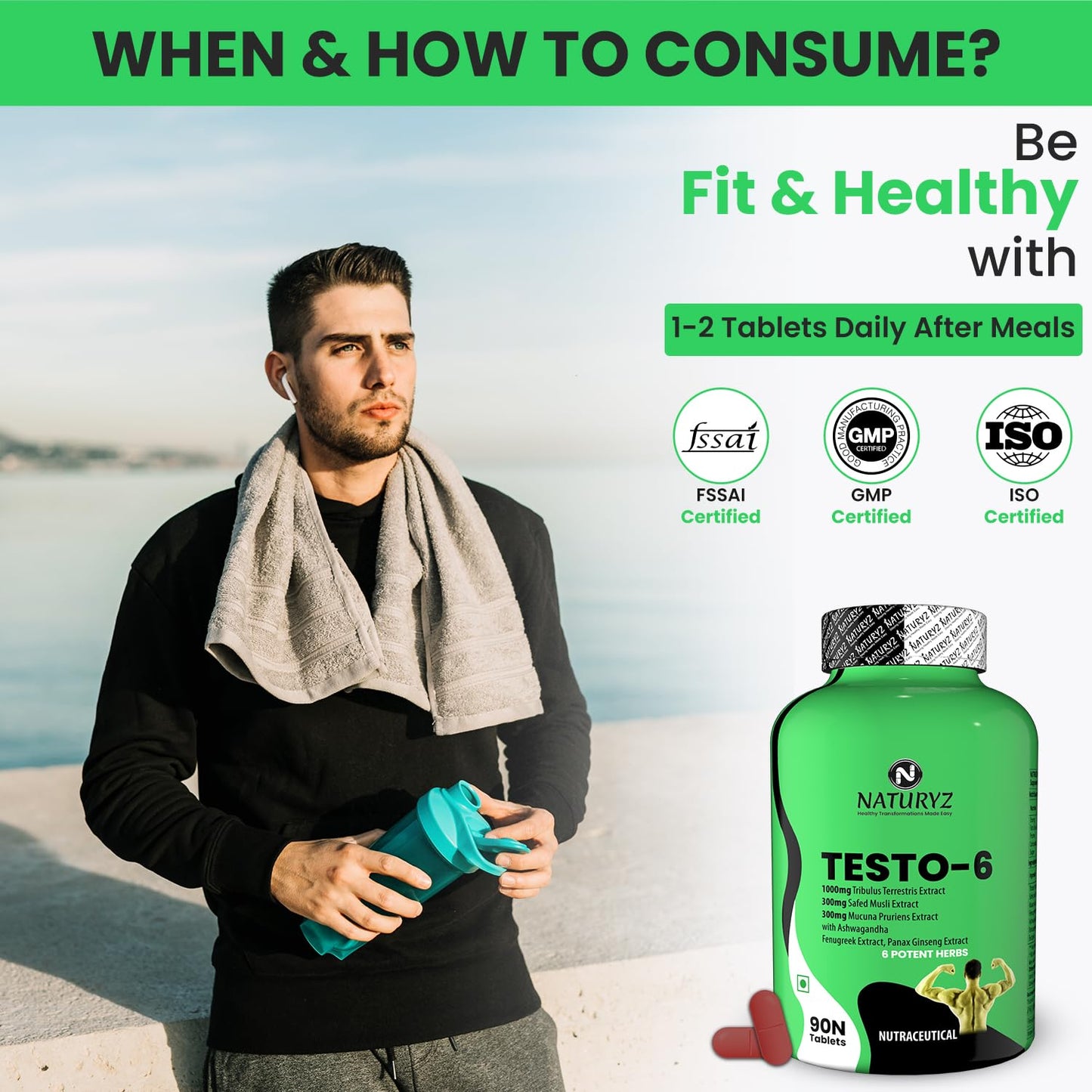 Naturyz Testo-6 Plant based Supplement For Men 2100mg per serving with Maximum Strength 1000mg Tribulus Terrestris, Safed Musli,Kaunj,Ashwagandha, Fenugreek & Panax Ginseng for Muscle gain-90 Tablets