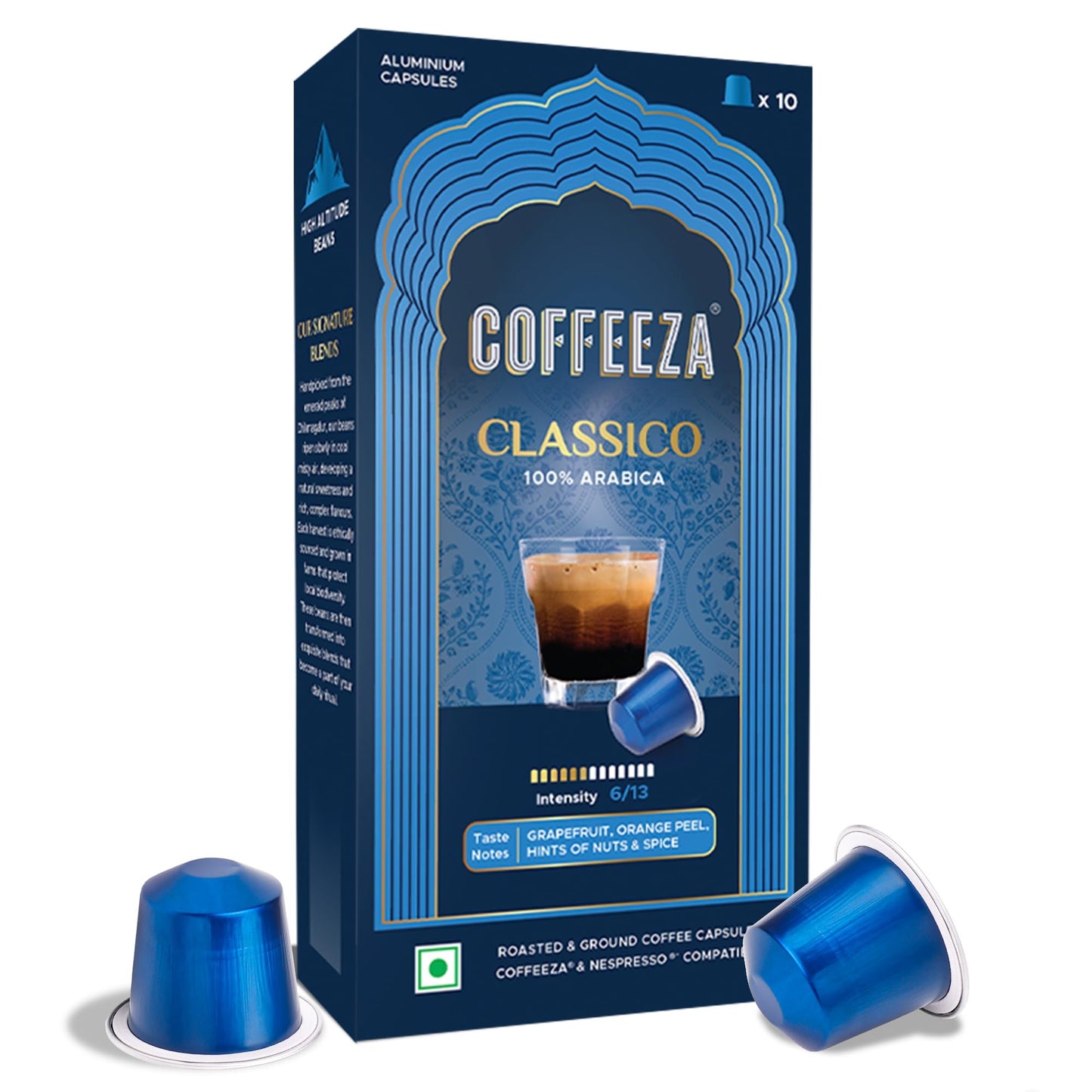 Coffeeza Classico Aluminium Coffee Capsules, Intensity - 6 |100% Arabica | Original Line Compatible Coffee Pods | Box of 1 (10 Capsules)