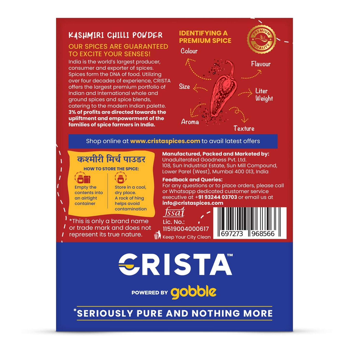 CRISTA Kashmiri Chilli Powder | Laal Mirch Powder with Natural Oils | Zero added Colours, Fillers, Additives & Preservatives | Mild Spicy Grade | Vibrant Red Colour | 100 gms