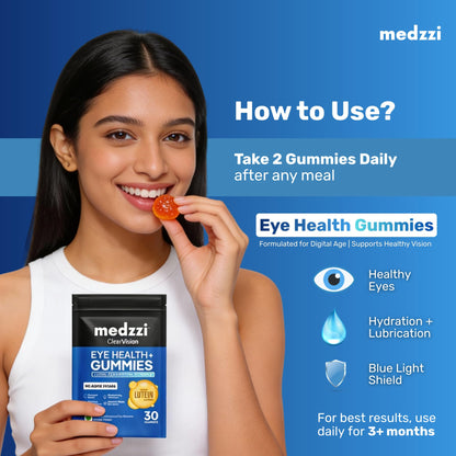 Medzzi Clear Vision Eye Health+ Gummies | Lutein & Zeaxanthin Gummies for Eyes | With Bilberry, Lycopene & Vitamins A, C, E | Reduces Digital Strain and Fatigue from High Screen Time | Orange Flavour | 30 Veg Gummies
