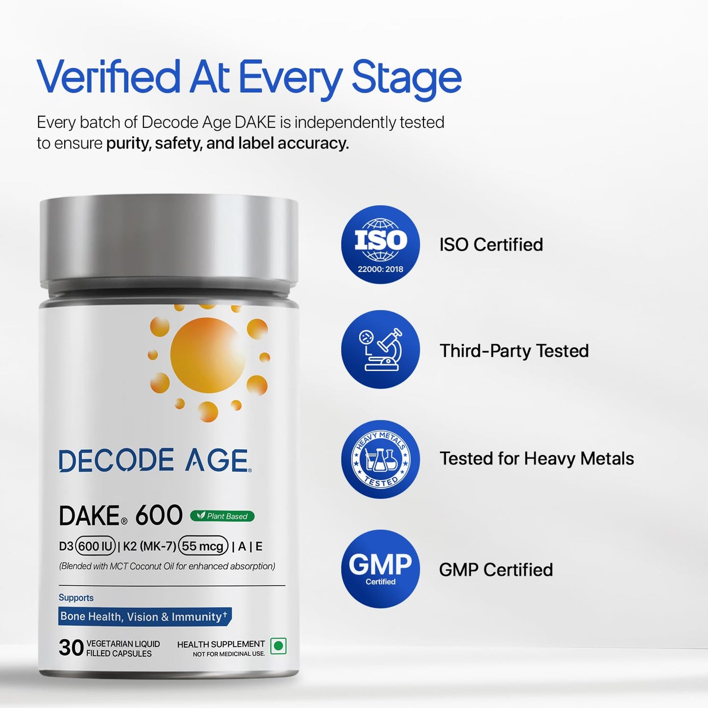 Decode Age DAKE 600 IU Multivitamin | Plant-Based Lichen D3, K2 (MK-7), A & E | Supports Bone, Vision, Immunity & Skin Health | With MCT Oil for Enhanced Absorption | (1, 30 Capsules)