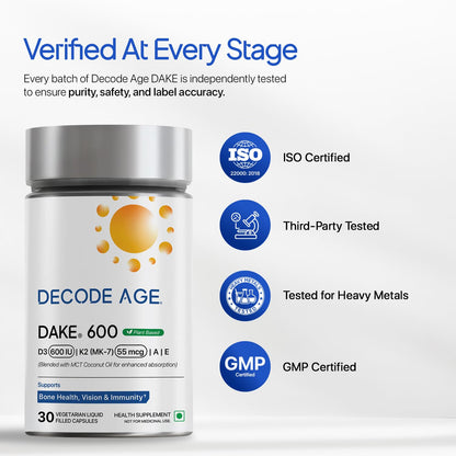 Decode Age DAKE 600 IU Multivitamin | Plant-Based Lichen D3, K2 (MK-7), A & E | Supports Bone, Vision, Immunity & Skin Health | With MCT Oil for Enhanced Absorption | (1, 30 Capsules)