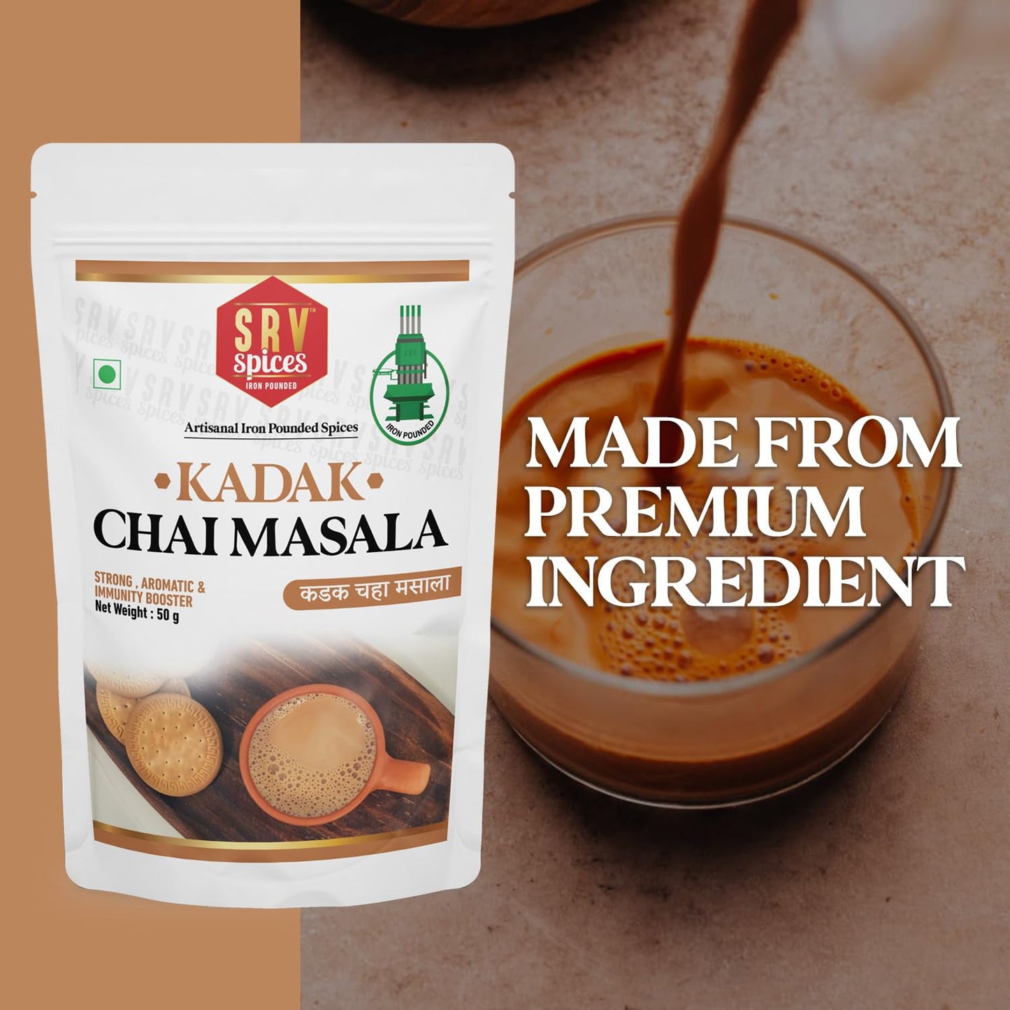 SRV SPICES Tea Masala Powder 50Gm | Kadak Chai Masala With 7 Aromatic Spices, Organic Ingredients, Refreshing, Immunity Booster With No Preservative (50 g)