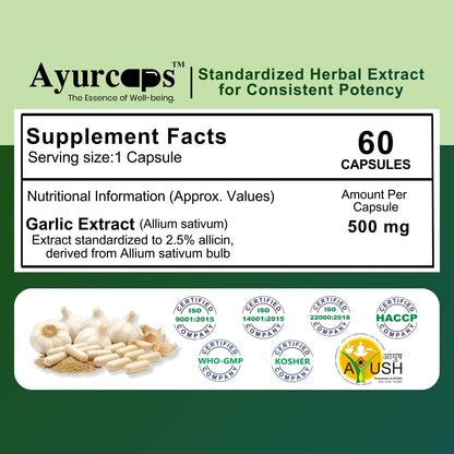 Ayurcaps Garlic 500mg 60 Veg Capsules | Odor Control Herbal Supplement | Supports Heart Health And Healthy Cholesterol Levels | Immune And Antioxidant Support | Vegan, Gluten-free (Pack of 1)