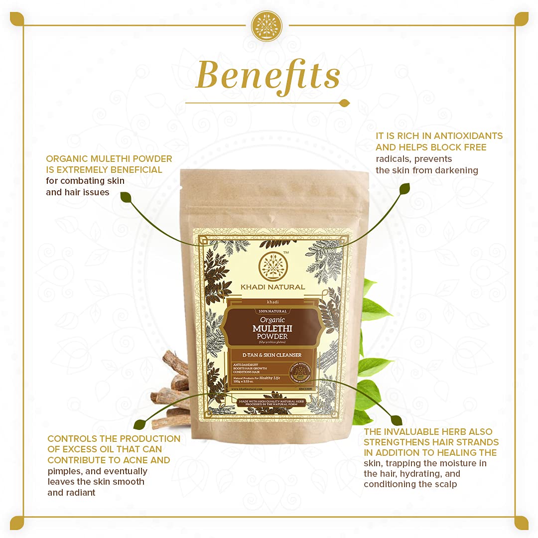 Khadi Natural Mulethi Organic Powder Pack | Herbal Skin & Hair Care Remedy | Natural & Pure Mulethi Powder- Pack of 2 (100 g x 2) (200 g)