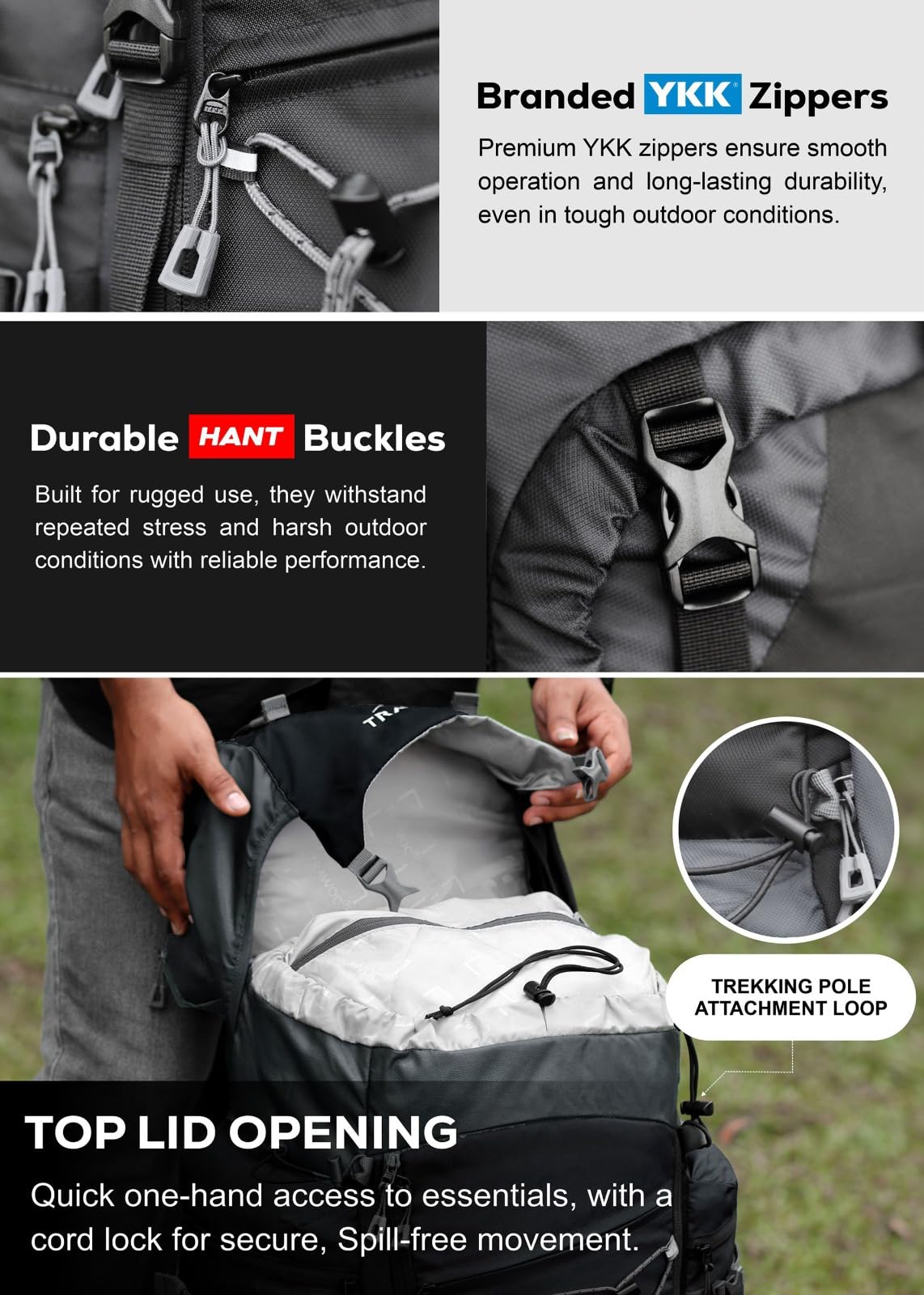 TRAWOC PEAKPRO 75 Liter Travel Backpack for Hiking Trekking Bag Camping Rucksack with Laptop Compartment/Rain Cover/Shoe Compartment BHK002, 3 Year Warranty, Black
