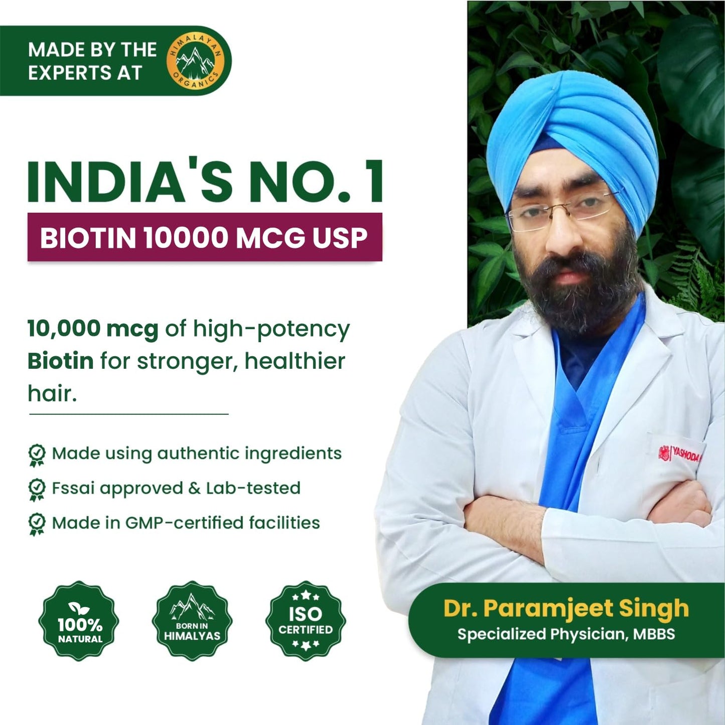 Vlado's Himalayan Organics Biotin Tablets For Hair Growth | 10000 mcg Biotin Supplement | Hair Supplements for Women and Men | Hair Growth Tablets For Men & Womenn - 120 Tablets