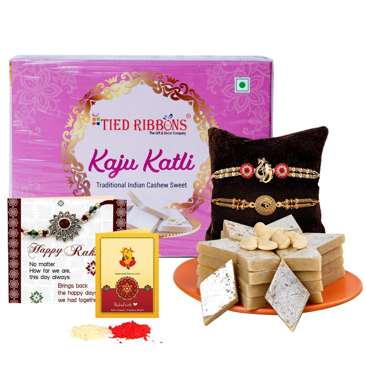 TIED RIBBONS Rakhi Gift for Brother with Sweets - Set of 2 Premium Rakhi with Kaju Katli Gift Pack Mini Greeting Card and Roli Chawal - for Brother