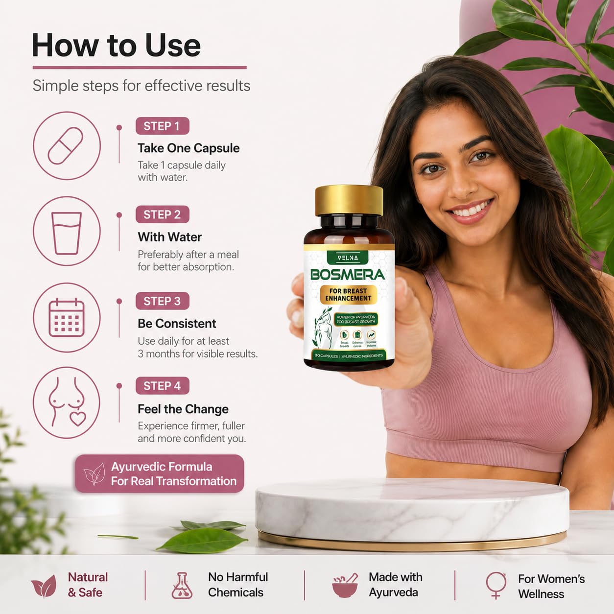 VELNA Bosmera Ayurvedic Women Wellness Capsules for Breast Growth with Shatavari & Fenugreek | Herbal Supplement for Natural Curves, Firmness & Confidence | 30 Capsules