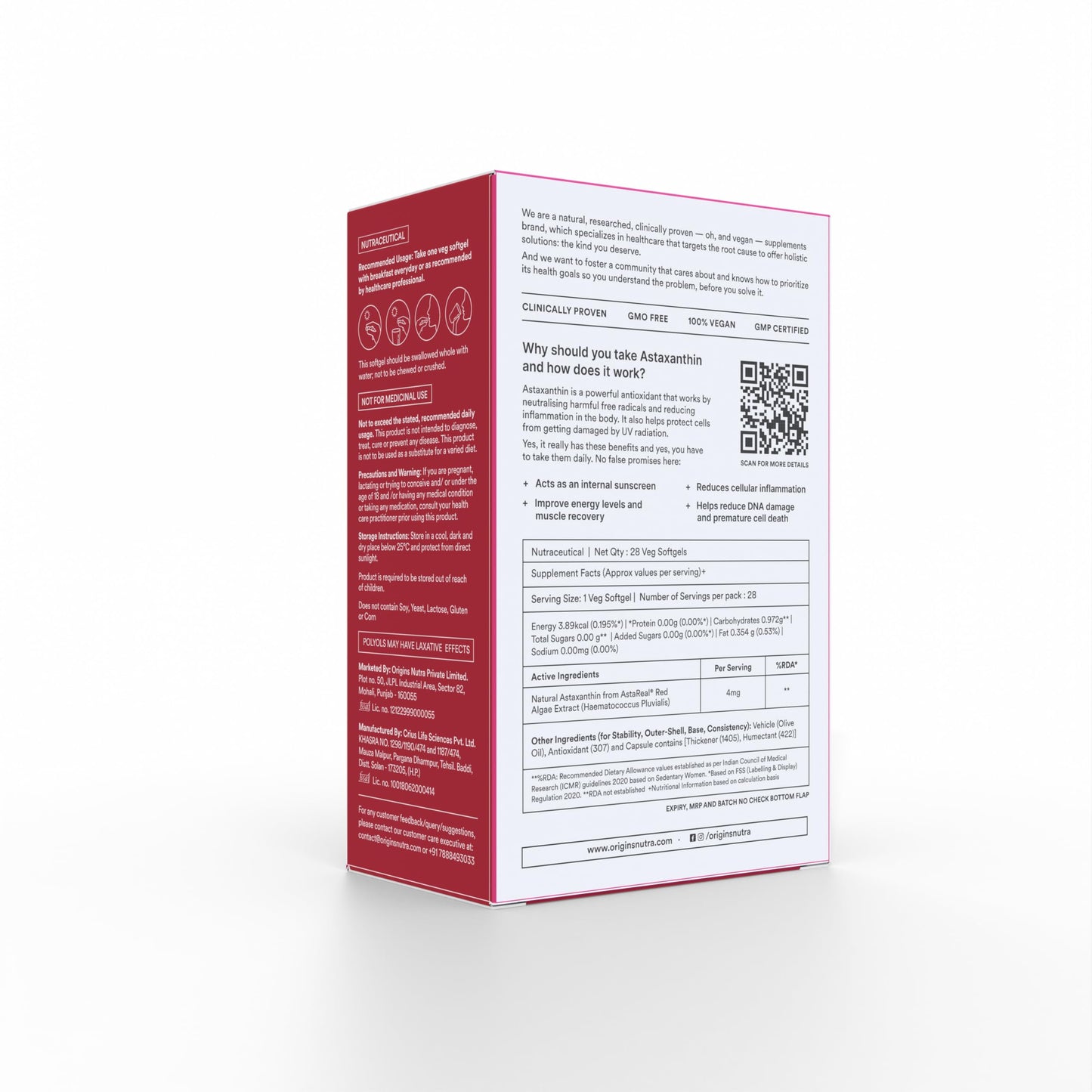 Origins Nutra Astareal® Natural Astaxanthin 4 mg from Japan | Antioxidant for Energy, Immunity & Muscle Recovery | 28 veg. Softgels | GMP Certified | Pack of 1