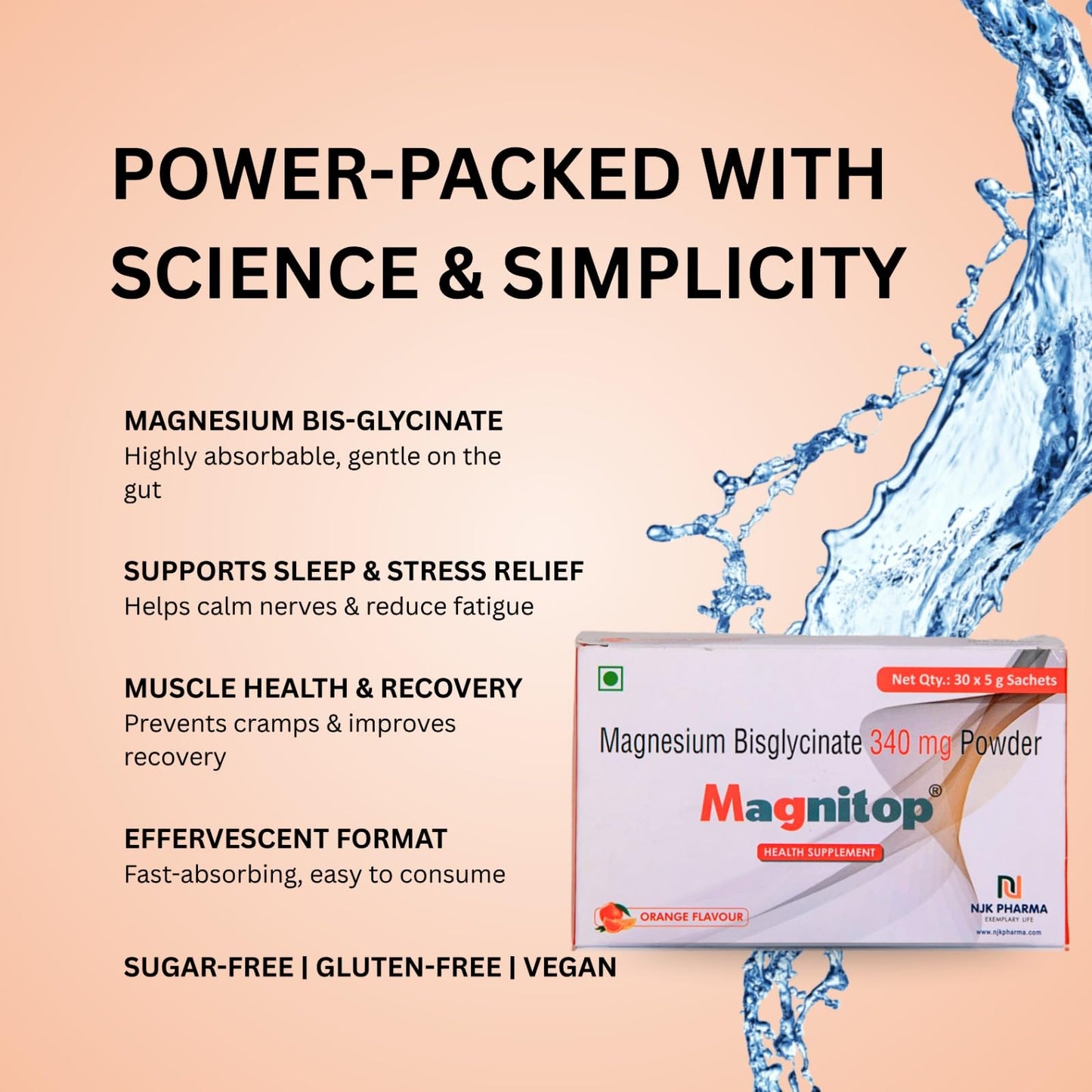 Magnitop Magnesium Health Supplement Bis-glycinate 340 mg Powder Pack of 30 Sachets Orange Flavour