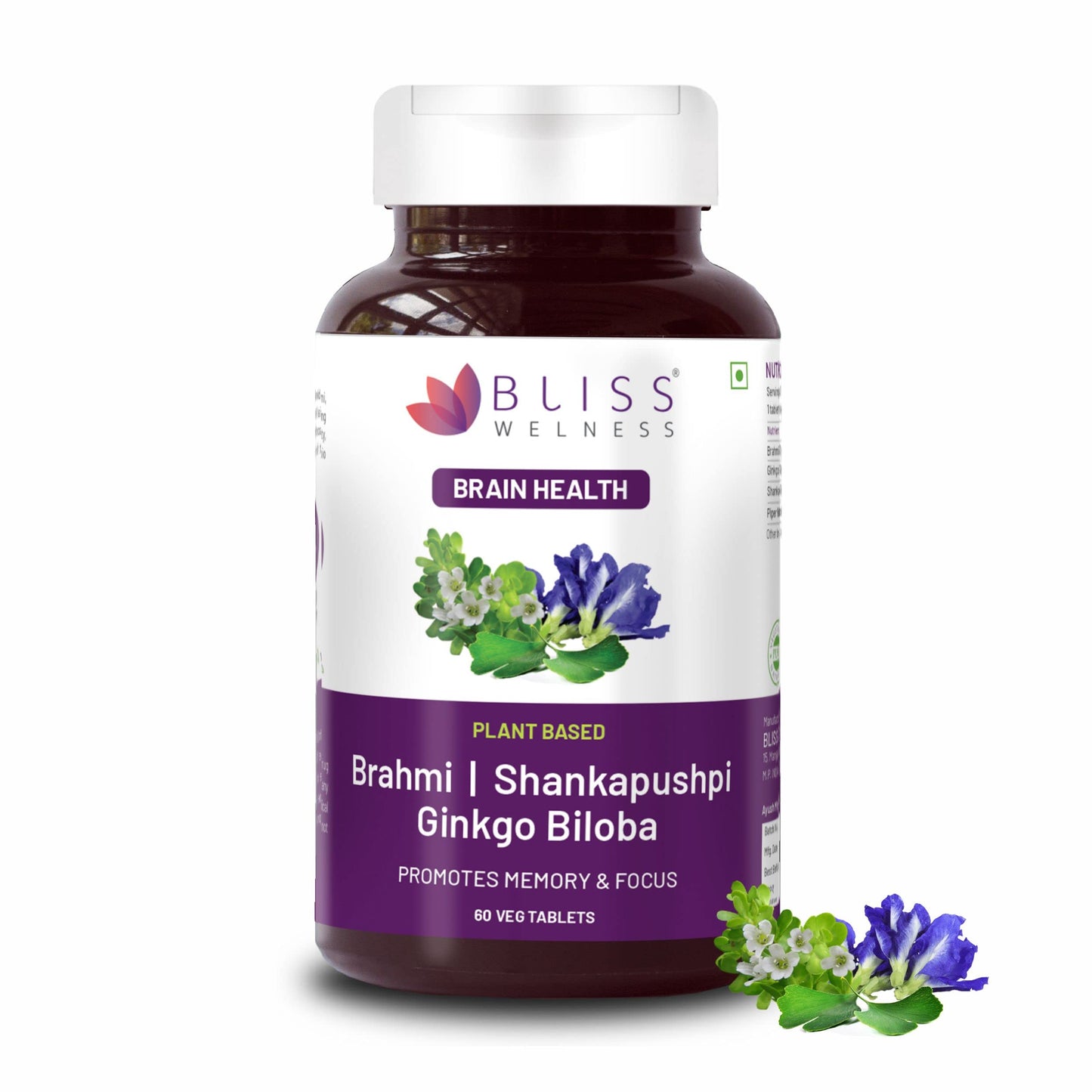 Bliss Welness Brain Booster,Brahmi Shankpushpi Ginkgo Biloba & Piperine,Brain Memory Booster Mind Focus Mood,Nootropics Cognitive Development Concentration Power-60 Vegetarian Tablets