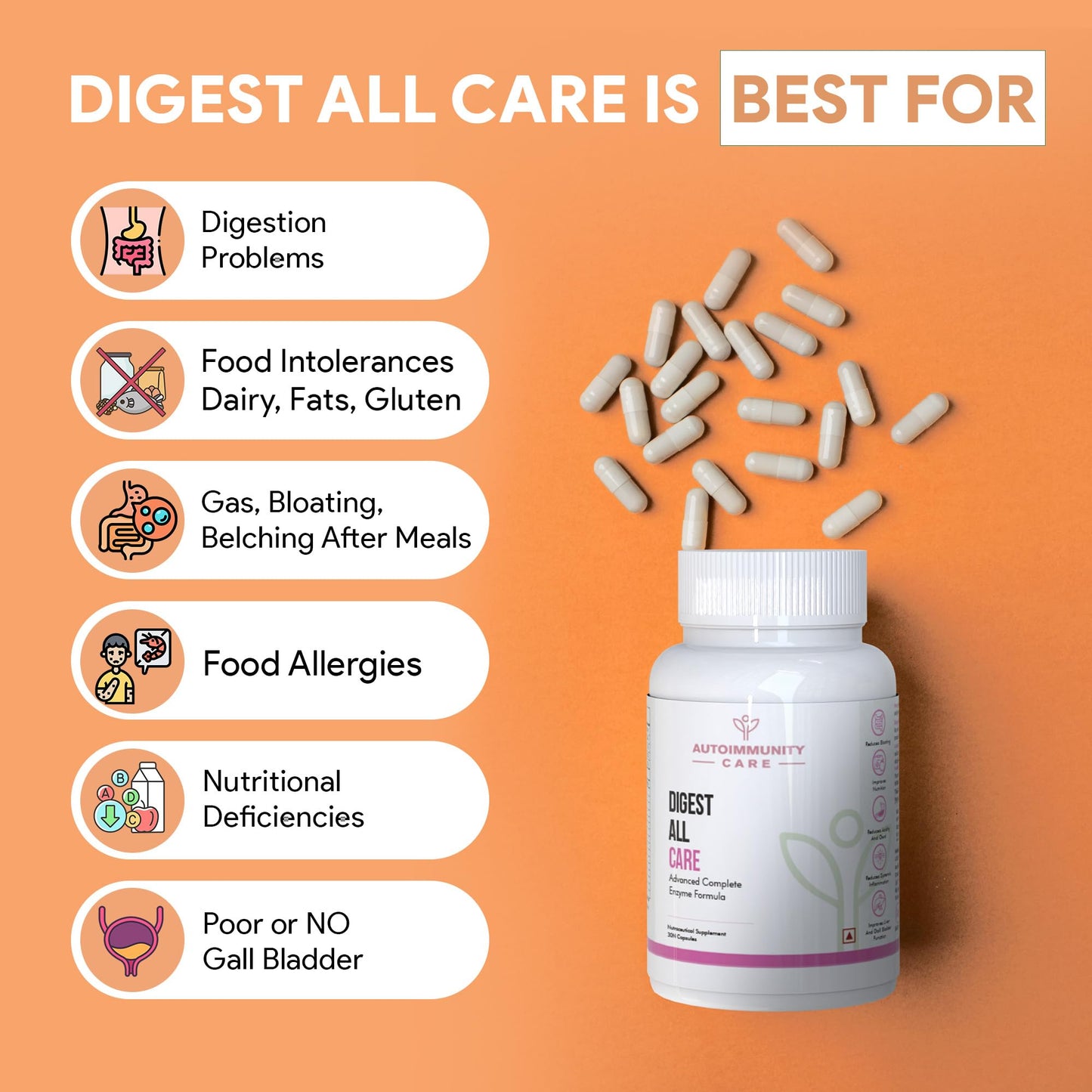 Autoimmunity Care Digest All Care – Complete Digestive Enzymes Supplement for Digestion | All-in-1 Enzymes for Digestion to Reduce Acidity, Bloating, Gas & gut Discomfort | Digestive Enzyme Tablets | 30 Caps (30 dose)