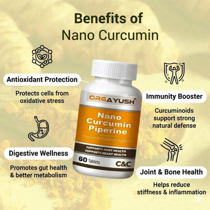Nano Curcumin with Piperine Tablets – High Absorption Turmeric Extract Supplement for Joint Health, Heart Health, Immunity, Digestion & Skin Support (Pack of 1)