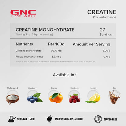GNC Pro Performance Creatine Monohydrate - 3000mg Creatine Per Scoop | Micronized for Faster Absorption | Boosts Energy, Muscle Volume & Performance | Gluten-Free | Lemon | 100gm