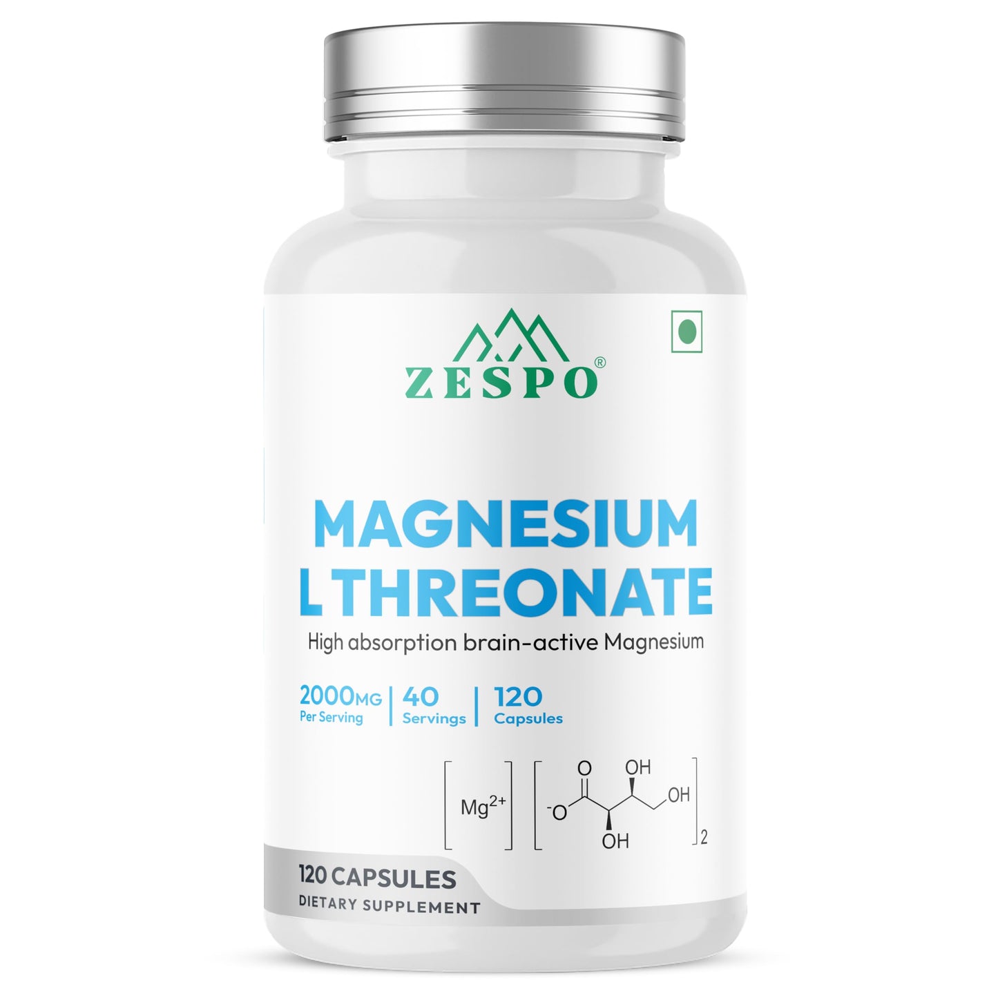 ZESPO Magnesium L-Threonate 2000mg Per Serving (144mg Elemental Magnesium) | 120 Vegetarian Capsules | Magnesium Supplement for Nerve & Muscle Function | 40 Servings