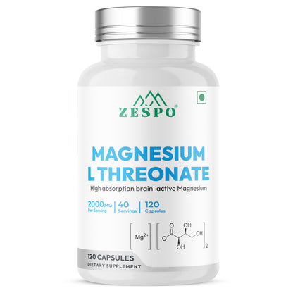 ZESPO Magnesium L-Threonate 2000mg Per Serving (144mg Elemental Magnesium) | 120 Vegetarian Capsules | Magnesium Supplement for Nerve & Muscle Function | 40 Servings