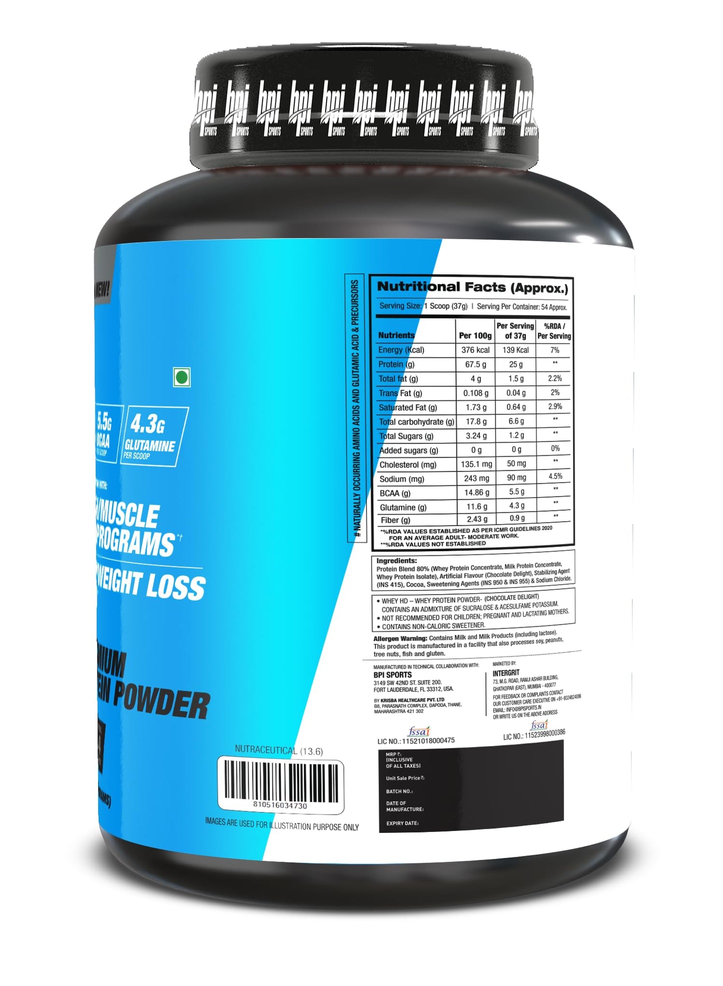 BPI Sports Whey HD Protein Powder 2kg | 25g Protein, 5.5g BCAA, 4.3g Glutamine Per Serving | Whey Protein for Muscle Recovery & Lean Muscle Growth | Chocolate Delight
