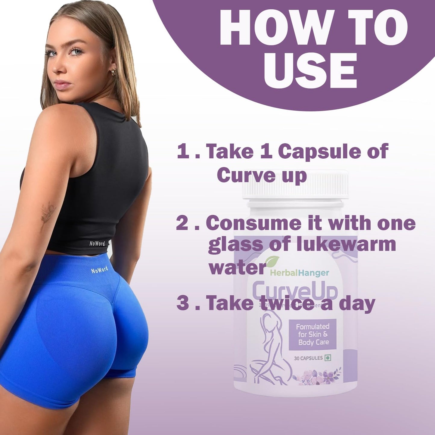 Herbal Hanger CurveUp Natural Hip Capsules, 30 Count, Ayurvedic Formula, 500mg Capsules with Jadhwar and Isabgol for Body Caree and Healthy Weight Supporrt