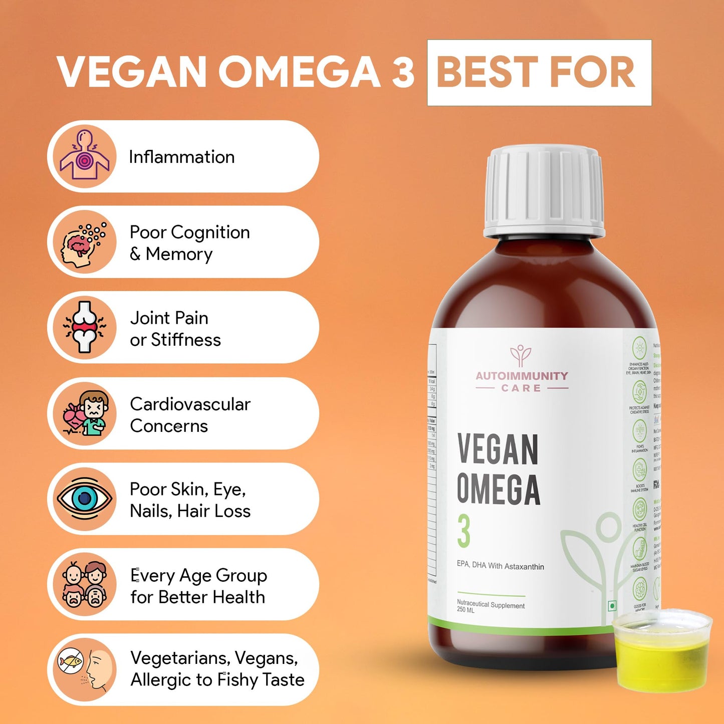 Autoimmunity care Vegan Omega 3 Oil | EPA, DHA With Astaxanthin | Health Supplement For Heart, Brain, Eye, Skin, Muscles, Bone & Joint Support | Better than Fish Oil | 100% Vegetarian | 250 ML Oil