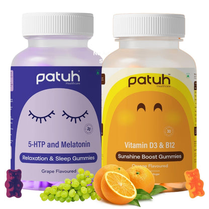 Patuh Healthcare Vitamin D3, B12 and 5-HTP & Melatonin Combo | Sugar-Free | Supports Bone Health, Energy, Stress Relief & Deep Sleep | Vegetarian Gummies for Men & Women | Combo Pack
