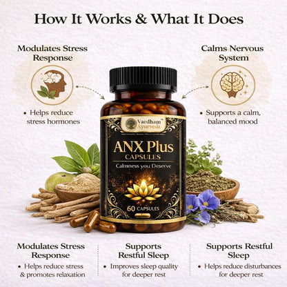 Vardham Ayurveda ANX Plus for Stress Relief & Mental Wellness | Anxiety Support with Ashwagandha, Shankhpushpi & Brahmi (Swarn Yukt) | Herbal Calm Mind & Sleep Support Supplement | 100% Ayurvedic Formula | 60 Capsules