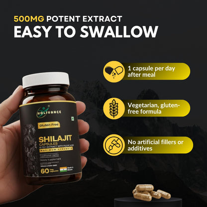HOLIVANCE Himalayan Shilajit 500mg Maximum Potency Organic Capsules 60 Count with Fulvic Acid & Trace Minerals for Enhanced Energy and Immune Support Men & Women