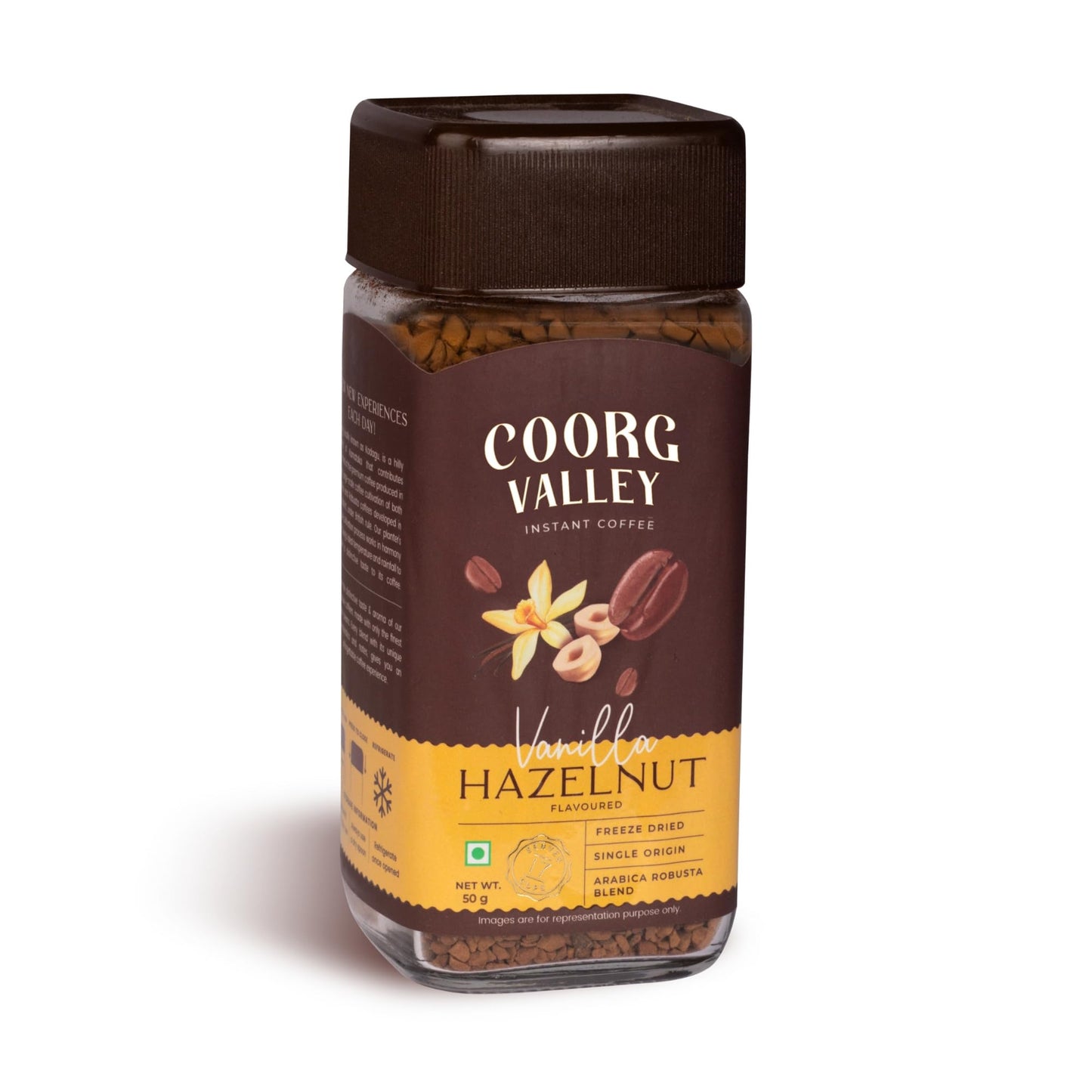 Coorg Valley Vanilla Hazelnut Instant Coffee 50g | Flavoured Coffee | Premium Blend of Robusta & Arabica | Freeze Dried | Make Café Style Hot & Cold Coffee at Home