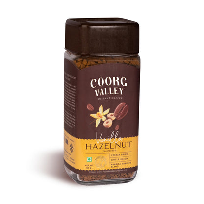Coorg Valley Vanilla Hazelnut Instant Coffee 50g | Flavoured Coffee | Premium Blend of Robusta & Arabica | Freeze Dried | Make Café Style Hot & Cold Coffee at Home