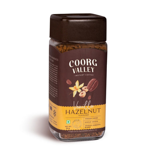 Coorg Valley Vanilla Hazelnut Instant Coffee 50g | Flavoured Coffee | Premium Blend of Robusta & Arabica | Freeze Dried | Make Café Style Hot & Cold Coffee at Home
