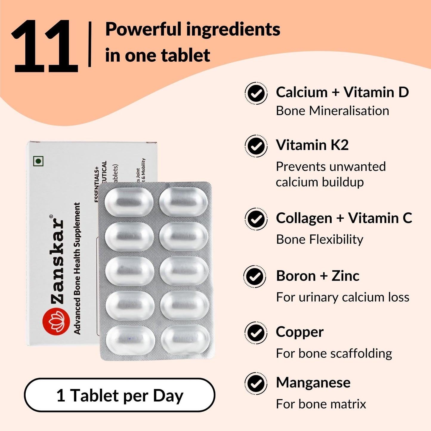 Zanskar Advanced Bone Health Tablet (30 Tablets) | Calcium, Vitamin D3, Vitamin K2, Collagen, Magnesium & Zinc (1200mg) | 100% Veg | Bone Health and Joint Support