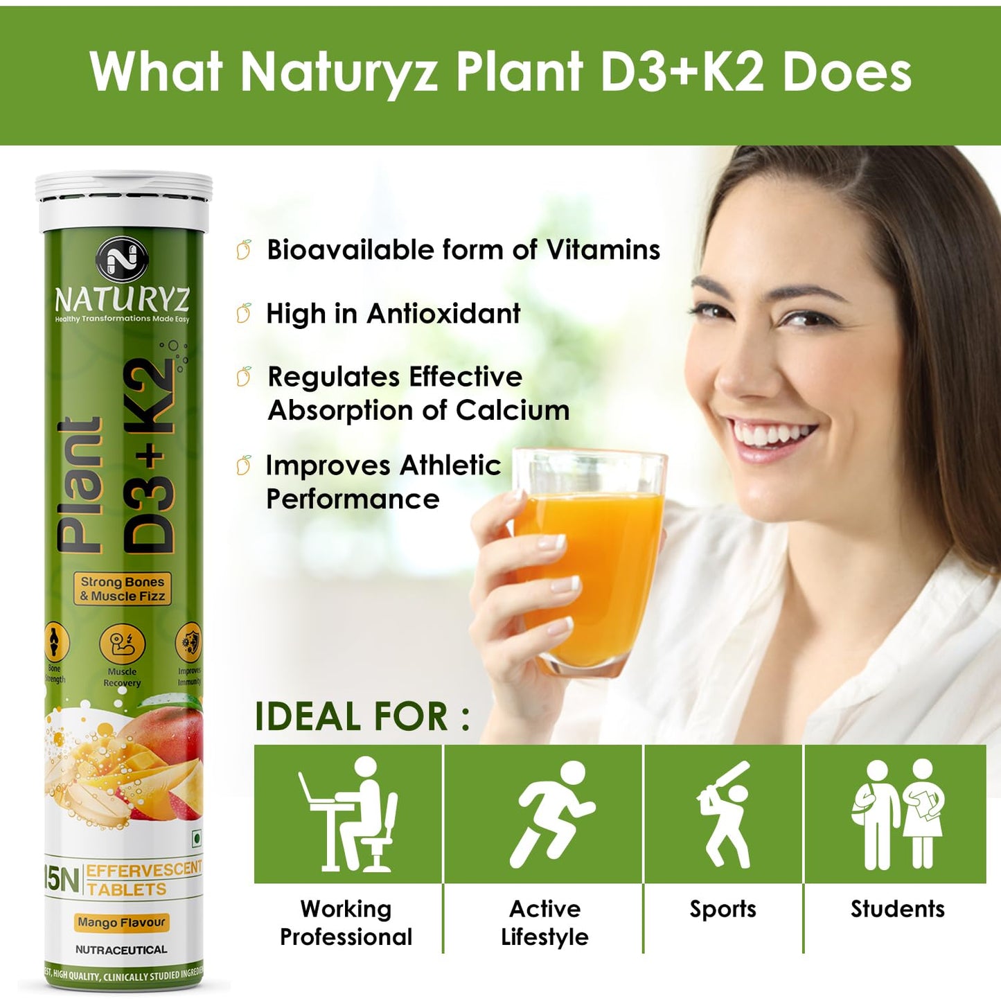 Naturyz 100% Plant Vitamin D3 K2 | Veg Vitamin D3 Supplement Lichen Source with Vitamin K2 MK7 Menaquinone | Supports Stronger Immunity | Bone & Heart Health for Men & Women (Mango Flavour)-15 Tablets