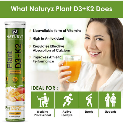 Naturyz 100% Plant Vitamin D3 K2 | Veg Vitamin D3 Supplement Lichen Source with Vitamin K2 MK7 Menaquinone | Supports Stronger Immunity | Bone & Heart Health for Men & Women (Mango Flavour)-15 Tablets