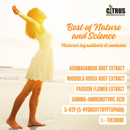 CITRUS NUTRACEUTICAL Stress OFF with Ashwagandha, Rhodiola Rosea, Passion Flower, L-Theanine, GABA and 5-HTP | Supports Mental Health Relieve Stress Reduce Anxiety and Quality Sleep | 60 Capsules