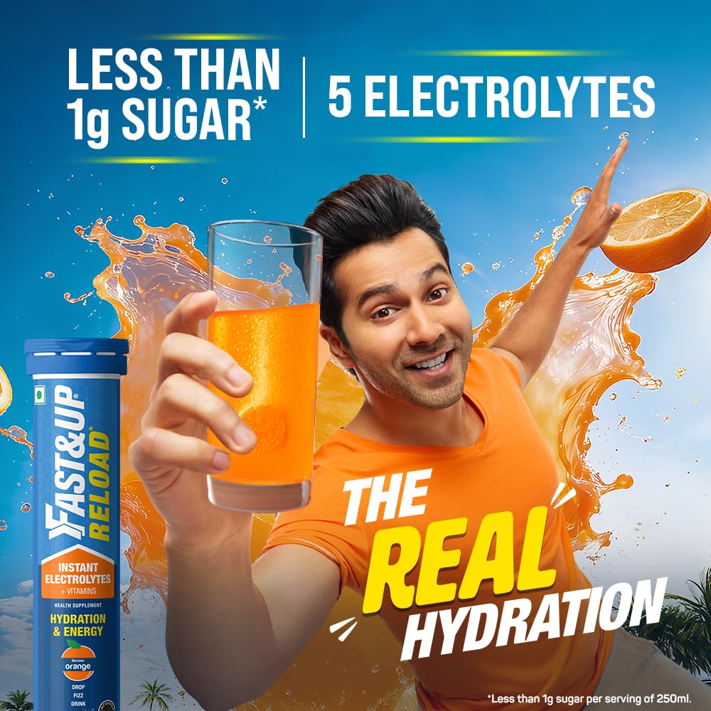 Fast&Up Reload (5 Litres) Low Sugar energy drink for Instant Hydration - 20 Effervescent Tablets with all 5 Essential Electrolytes + Added Vitamins - Certified Electrolytes Drink - Orange flavour