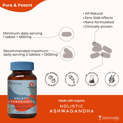 Zeroharm Holistic Ashwagandha | 60 Tablets | Stress Relief | Anti-Inflammation | 100% Water Soluble & Bioavailable