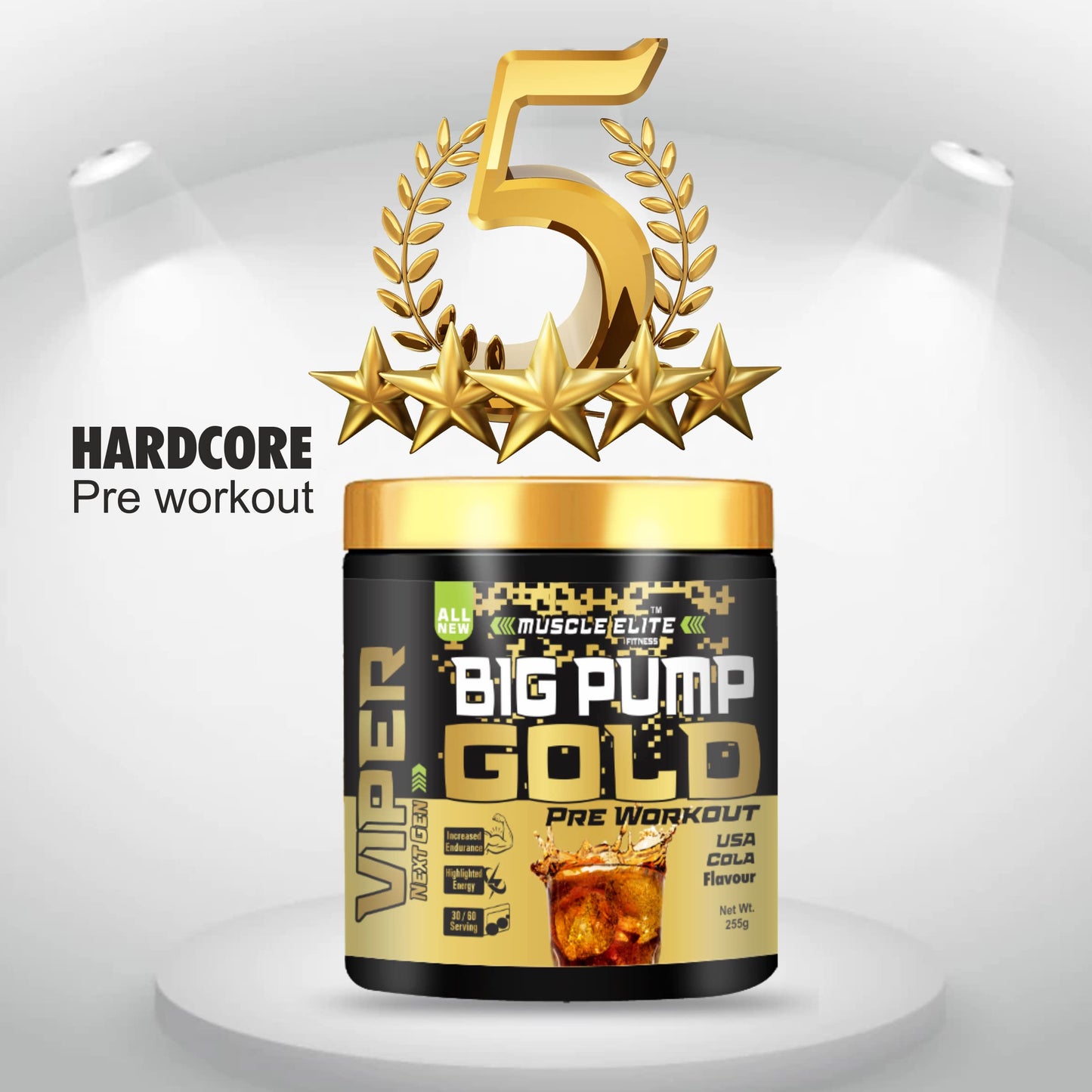 Muscle Elite Fitness Big Pump Gold Series Loaded Core Pre-Workout - Pre Workout Energy with Creatine Monohydrate + Caffeine and Beta-Alanine Performance | [Cola, 60 Servings]