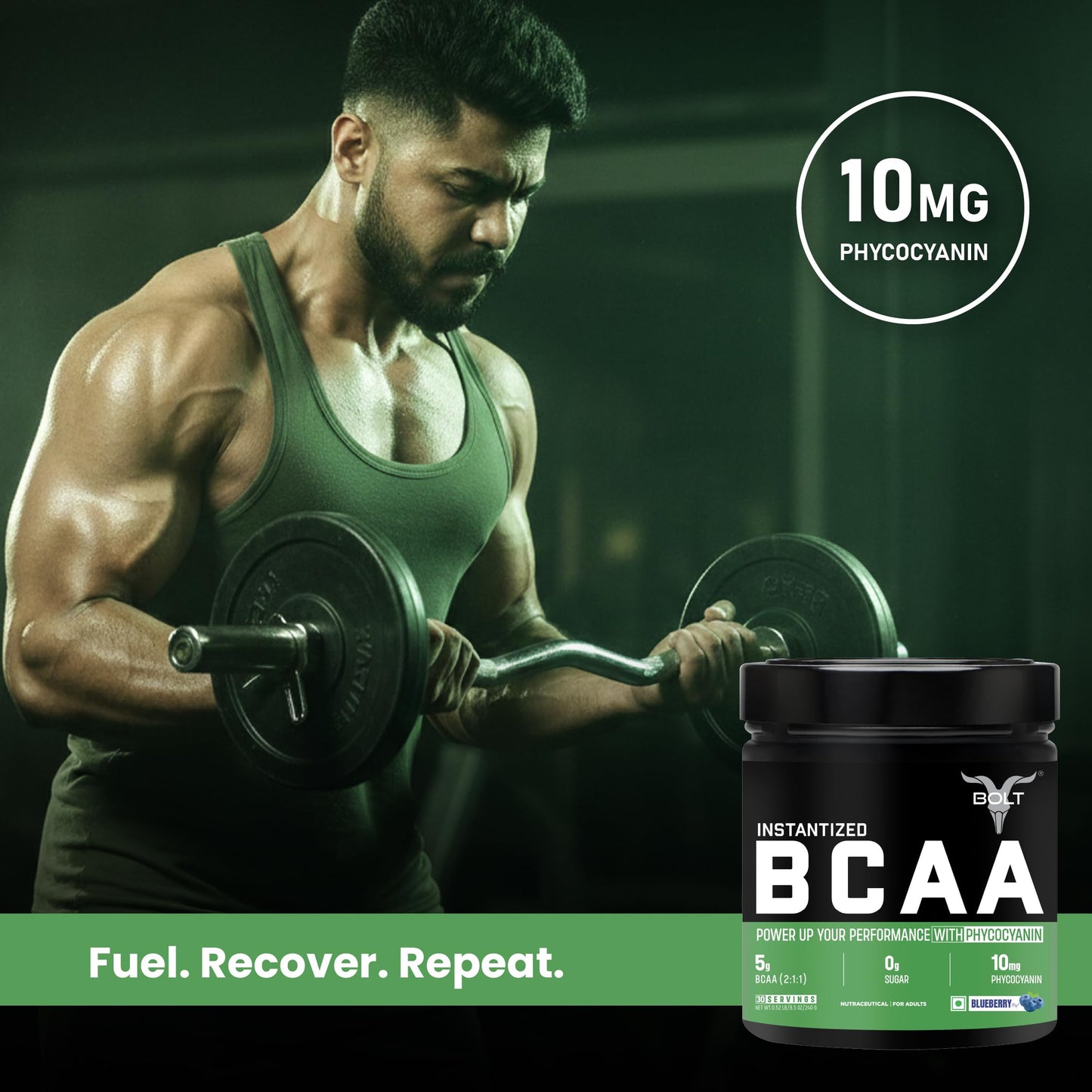 Bolt Bcaa 5000, 30 Servings, Optimal 2:1;1 Ratio For Muscle Recovery Gain & Endurance(Blueberry Blast, 240Gm) - Powder