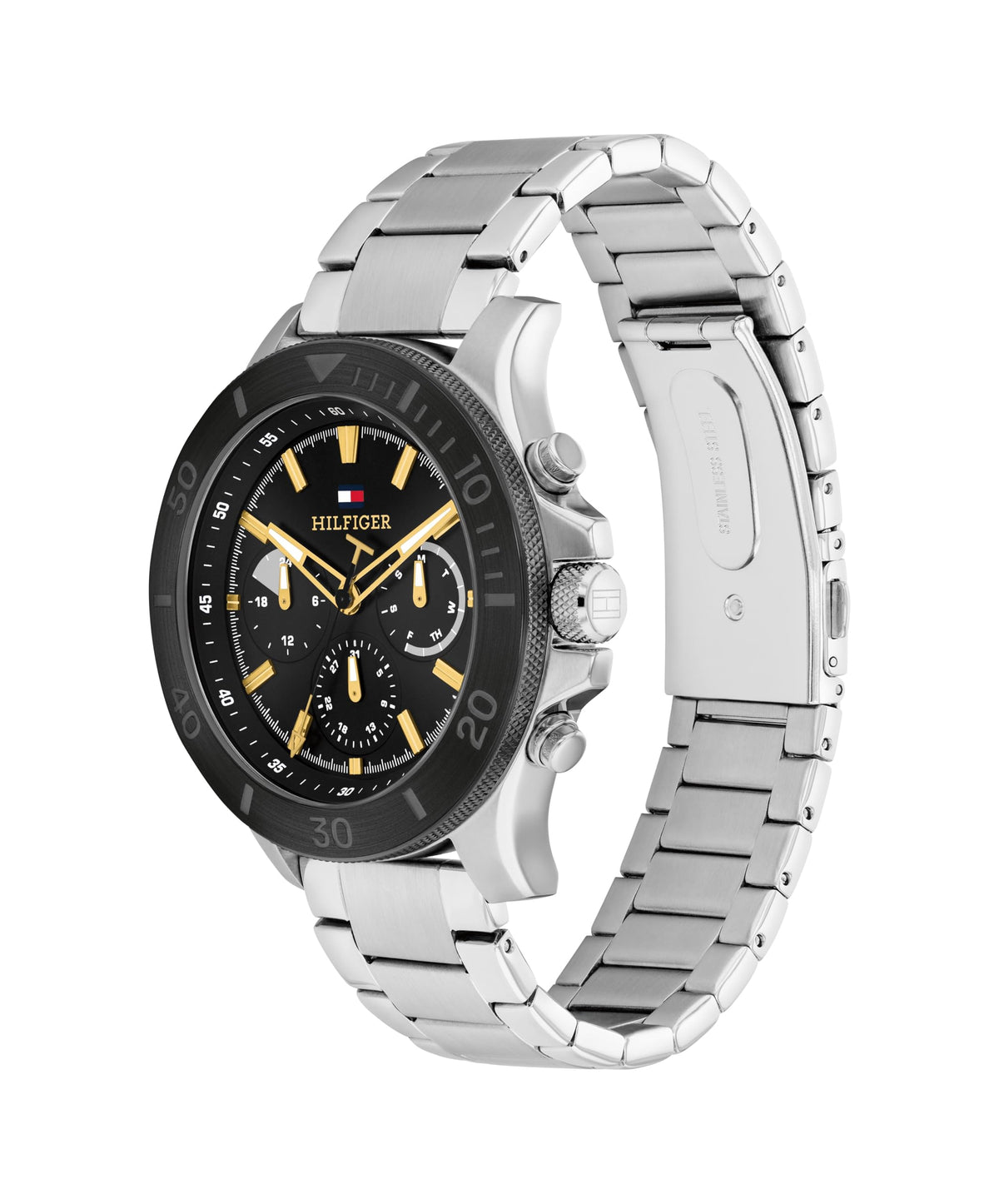 Tommy Hilfiger Men's Multifuction Stainless Steel Bracelet Silver Band, Black Dial Analog Watch