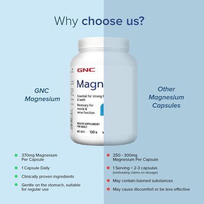 GNC Magnesium 370mg | 120 Veg Capsules | For Bone Strength, Muscle & Nerve Function, Stress Relief, Improved Sleep, Mood Elevation, Essential Mineral for Calcium Absorption & Cell Function