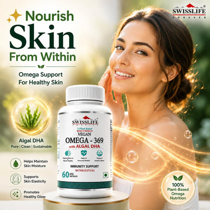 SwissLife Forever Plant Based Vegan Omega 3 6 9 with Algal DHA | Support Brain, Nerve, Heart & Immune Health | Healthy Skin for Men & Women (60 Capsules)
