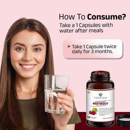 TONIXCENT Plant-Based Beetroot Capsules | 1000mg per Serving | Boosts Stamina & Heart Health | Rich in Antioxidants & Nitrates | Vegan, Non-GMO, Preservative-Free | 60 Capsules