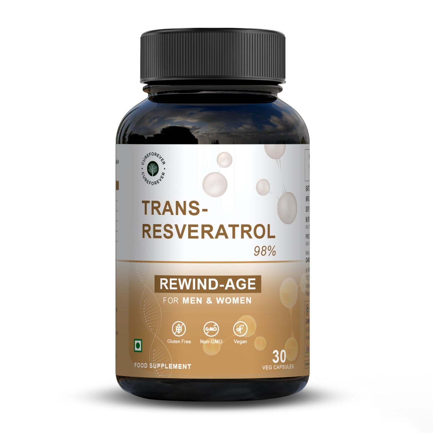 CUREFOREVER Trans Resveratrol 250mg, 30 Veg Capsules | 98% Pure, Powerful Antioxidant for Anti-Ageing, Immunity Boost & Heart Health