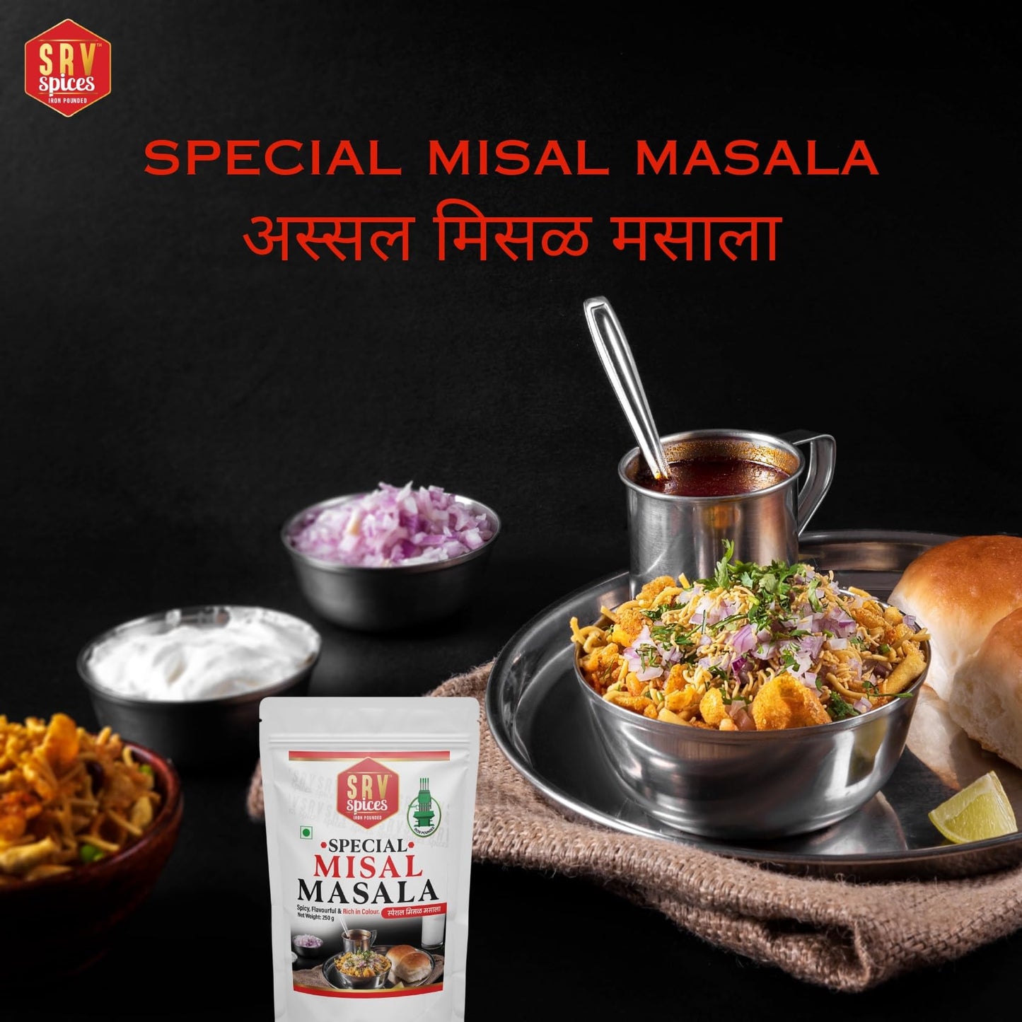 SRV Spices Special Misal Masala | Strong & Aromatic Blend | Rich Color & Spicy Flavor | Iron Pounded with LTG (Low Temperature Grinding) | Authentic Mix Masala for Misal | 250g Pack