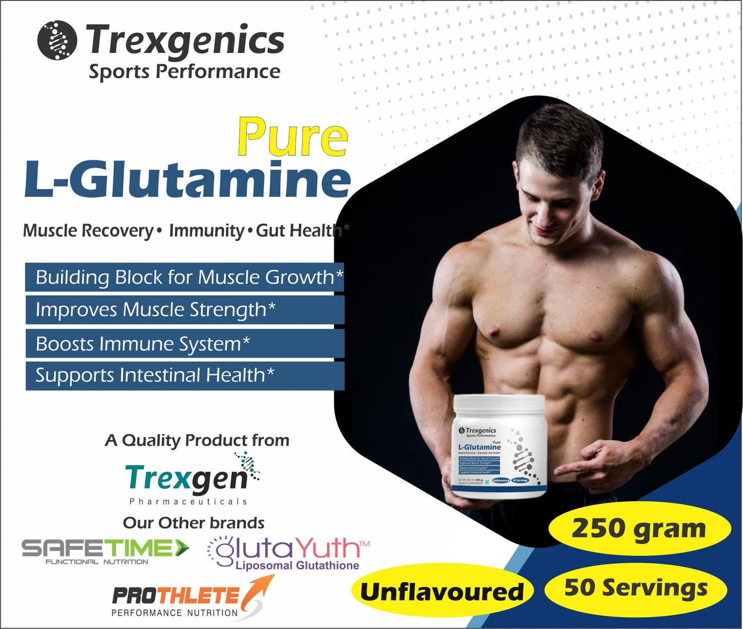 Trexgenics L-GLUTAMINE Pure Powder (50 Servings) Muscle Building Block for Strength & Growth, Leaky Gut Health, Immunity (250 gm) (Pack of 1)
