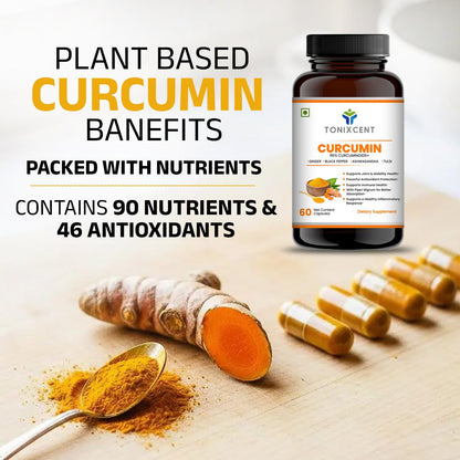 TONIXCENT Curcumin 95% Curcuminoids Capsules with Piperine, Turmeric Extract with Ginger, Ashwagandha & Tulsi, Joint & Mobility Support, Antioxidant & Daily Wellness Supplement, Veg Capsules for Men & Women– 60 Count