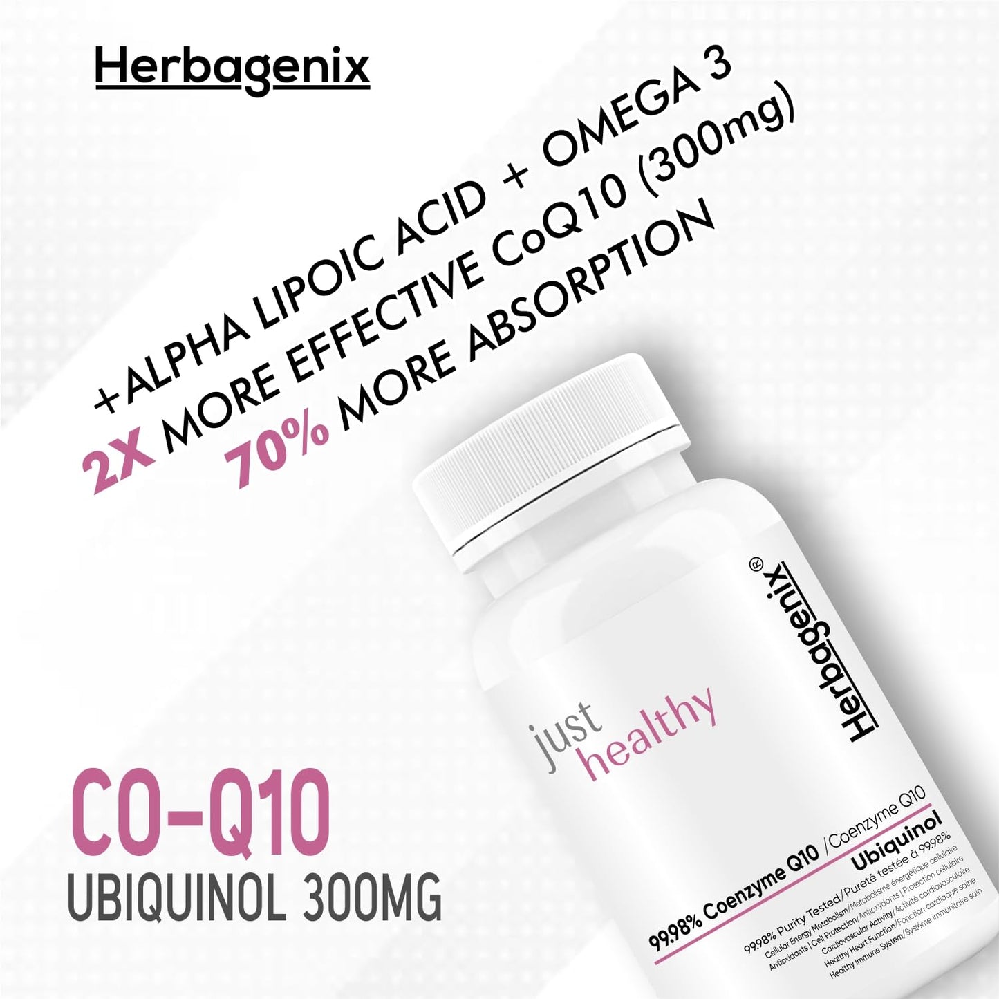 HERBAGENIX Coq10 Coenzyme Q10 300mg With Alpha Lipoic Acid Ala, Omega 3 Fatty Acid, Lycopene, Bioperine And Vitamin B1, B2 And B6 To Good Health Supplement-60 No Sugar Veg Tablets (No Capsule)